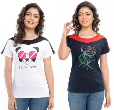 StyleAone Printed Women Round Neck Dark Blue, White T-Shirt