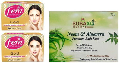 Fem GOLD CREME BLEACH 2 PC EACH 40 G AND SUBAXO HERBAL NEEM & ALOEVERA PREMIUM BATH SOAP 75 G(3 Items in the set)