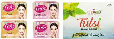 Fem GOLD CREME BLEACH 2 PC & SAFFRON AND MILK 2 PC EACH OF 40 G & SUBAXO HERBAL TULSI PREMIUM BATH SOAP 75 G(5 Items in the set)