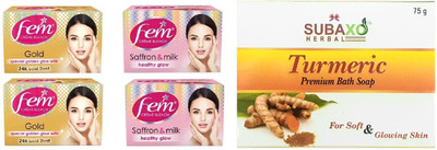 Fem GOLD CREME BLEACH 2 PC & SAFFRON AND MILK 2 PC EACH OF 40 G & SUBAXO HERBAL TURMERIC PREMIUM BATH SOAP 75 G(5 Items in the set)