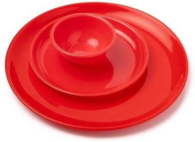 Kanha Pack of 9 Plastic Unbreakable Round Dinner Set with 3 Big Plate, 3 Small Plate, 3 Bowl- Cherry Red Dinner Set(Red, Microwave Safe)