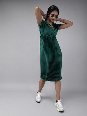 THE DRY STATE Women Pleated Green Knee Length Dress