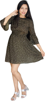 Preety World Women Skater Dark Green Above Knee/Mid Thigh Length Dress