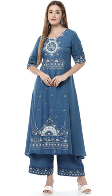 RANGRITI Women Asymmetric Dark Blue Midi/Calf Length Dress