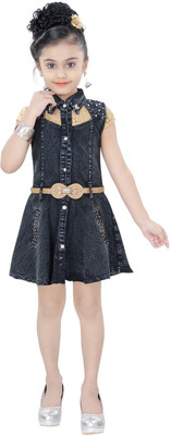Arshia Fashions Girls Midi/Knee Length Party Dress(Black, Sleeveless)