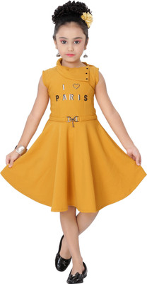 Arshia Fashions Girls Midi/Knee Length Casual Dress(Yellow, Sleeveless)