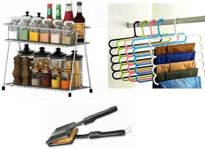 Value Adds Containers Kitchen Rack Plastic, Steel Presents Combo Pack of Gas Toaster,5 Layer Plastic Hanger(Pack of 5)&Steel Spice