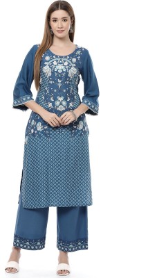 RANGRITI Women Printed Straight Kurta(Dark Blue)