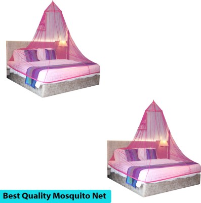 ShreejiHuf Polyester Adults Washable Round Ceiling Hanging Foldable Polyester Net Pink Pack 2 Mosquito Net(Pink, Ceiling Hung)