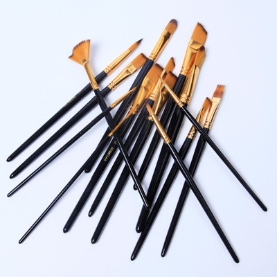 Crevo Short Handle Flat Golden Synthetic Hair Acrylic Artist Brush Paint Set Art Brush(Set of 12, Black, Golden)