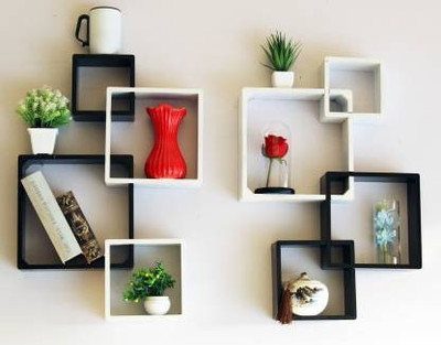 Unikue Enterprises WALL SHELF INTERLOCK WALL MOUNT STORAGE SHELF MDF (Medium Density Fiber) Wall Shelf(Number of Shelves - 2, White, Black)