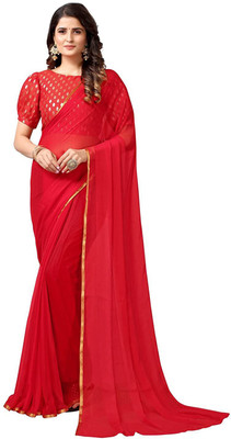 Durga Emporio Solid/Plain Bollywood Chiffon Saree(Red)