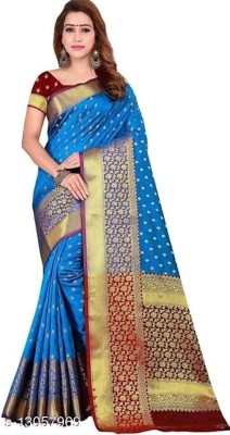 Chechern Woven Banarasi Jacquard, Cotton Silk Saree(Silver, Light Blue, Gold)