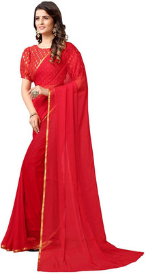 Xclusive Designer Solid/Plain Bollywood Chiffon Saree(Red)