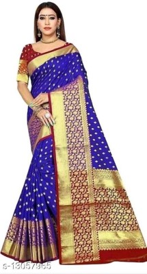 Chechern Woven Banarasi Jacquard, Cotton Silk Saree(Silver, Dark Blue, Gold)