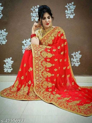 AADRIM Embroidered Bollywood Georgette Saree(Orange)