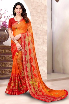 harsaddhi fashion Printed Bollywood Chiffon, Brasso Saree(Red, Orange)