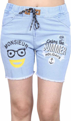 FashionWorkshop Printed Women Denim Light Blue Regular Shorts