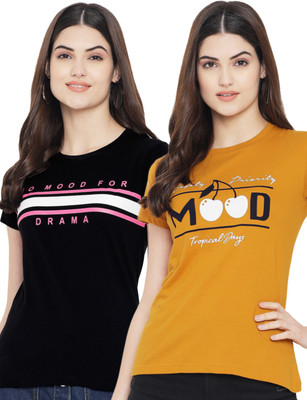 Fabflee Printed Women Round Neck Black, Yellow T-Shirt