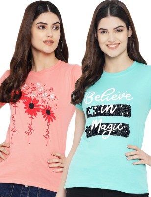 Fabflee Graphic Print Women Round Neck Light Blue, Pink T-Shirt