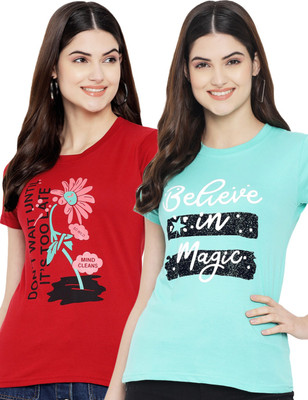 Fabflee Printed Women Round Neck Red, Blue T-Shirt