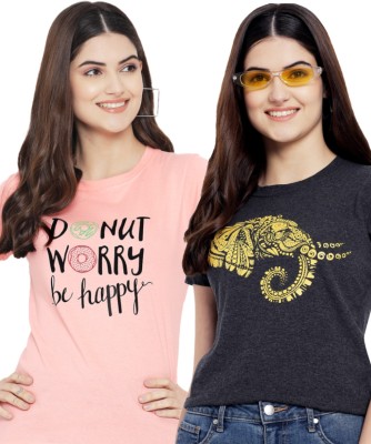 Fabflee Graphic Print Women Round Neck Pink, Black T-Shirt