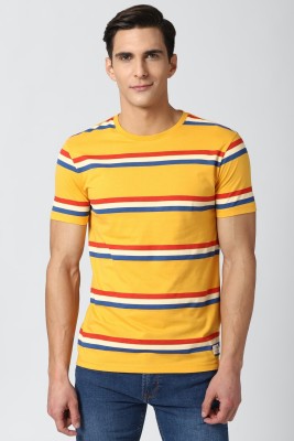 PETER ENGLAND Striped Men Round Neck Yellow T-Shirt