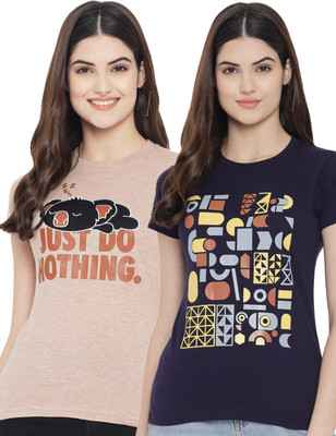Fabflee Printed Women Round Neck Multicolor T-Shirt