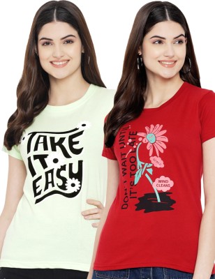 Fabflee Graphic Print Women Round Neck Red, Light Green T-Shirt