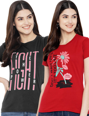 Fabflee Printed Women Round Neck Black, Red T-Shirt
