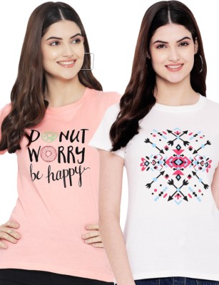 Fabflee Printed Women Round Neck White, Pink T-Shirt