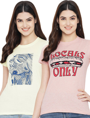 Fabflee Printed Women Round Neck Pink, Yellow T-Shirt