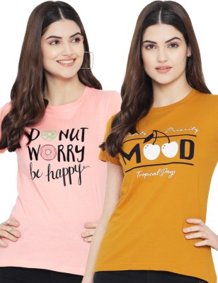 Fabflee Printed Women Round Neck Pink, Yellow T-Shirt