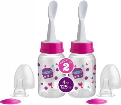 Beebaby Gentle 2 in 1 Baby Feeding Bottle with Plastic Feeder Spoon. 2 Pack 4M+ - 125 ml(Pink)