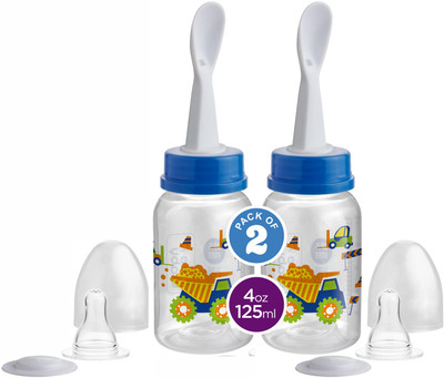 Beebaby Gentle 2 in 1 Baby Feeding Bottle with Plastic Feeder Spoon. 2 Pack (Blue) 4M+ - 125 ml(Blue)