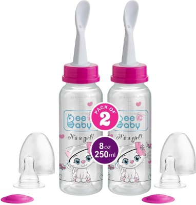 Beebaby Gentle 2 in 1 Baby Feeding Bottle with Plastic Feeder Spoon. 2 Pack (Pink) 8M+ - 250 ml(Pink)