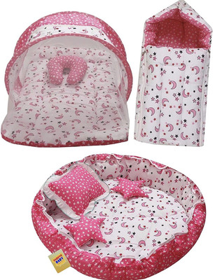 Miss & Chief Cotton Baby Bed Sized Bedding Set(Pink Moon, 1 Mattress With Net, 1 Pillow, 1 Carry Bag, 1 Baby Nest With 2 Heart & 1 Pillow)