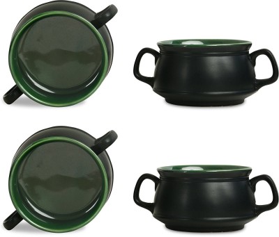 caffeine Ceramic Soup Bowl Handmade Matte Black & Glossy Green Double Handled(Pack of 4, Green, Black)
