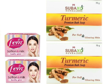 Fem SAFFRON AND MILK BLEACH 2 PC EACH 40 GM AND HERBAL TURMERIC PREMIUM BATH SOAP 2 PC EACH 75 G(4 Items in the set)