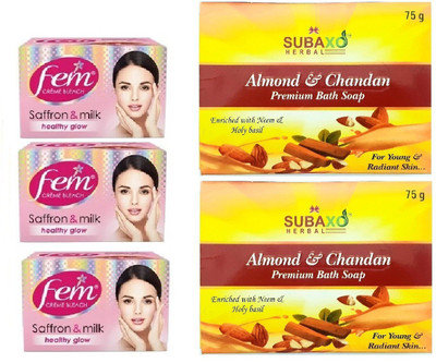 Fem SAFFRON AND MILK BLEACH 3 PC EACH OF 40 GM AND HERBAL ALMOND AND CHANDAN SOAP 2 PC EACH 75 G(5 Items in the set)