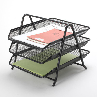Kebica 3 Compartments Metal Mesh Multipurpose Office Document File Folder Diary Book Tray Shelf Rack 15kg(Black)