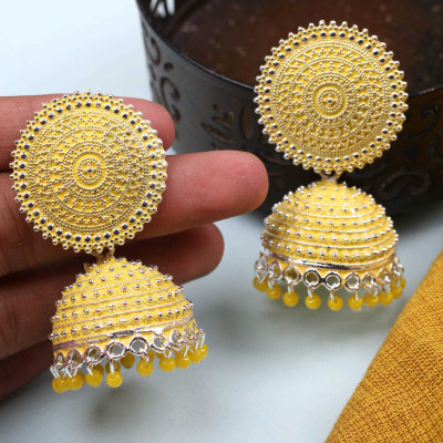 Kwickk Ethnic Traditional Yellow Color oxidised Jhumka Earrings For Women and Girls Alloy Jhumki Earring, Drops & Danglers, Chandbali Earring
