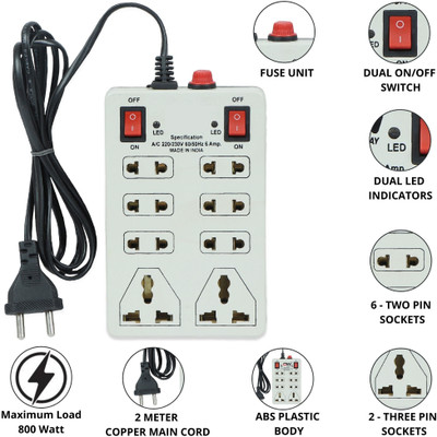 DIGWAY 8 Socket 1 Switch Mini Extension Cord Surge Protector-2.0 Meter Cord Length 8  Socket Extension Boards(Beige, 2.5 m)