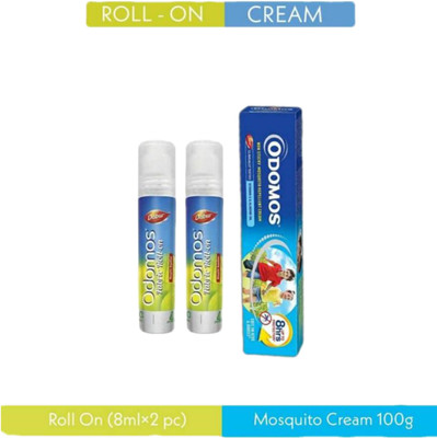 Odomos Mosquito Repellent Cream (100g) With Fabric Roll On ( 2Pc.) (2 x 8 ml)(3 x 5.33 ml)