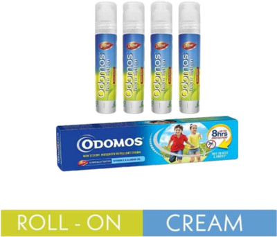 Odomos Fabric Roll on (4pc.) With Non sticky Mosquito Repellent Cream (4 x 25 g)(5 x 6.4 ml)