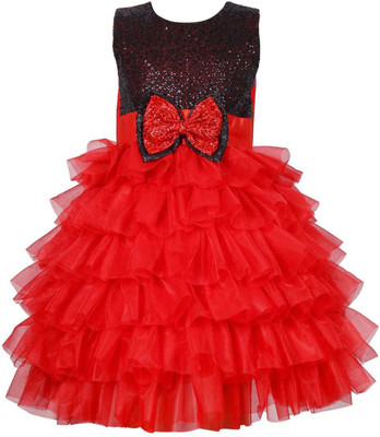ALINA MODA Girls Midi/Knee Length Festive/Wedding Dress(Red, Sleeveless)