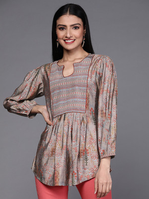LIBAS Women Floral Print A-line Kurta(Grey)