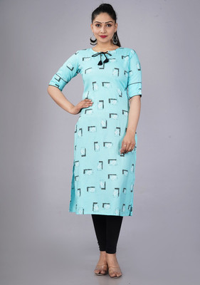 MACHLA Women Printed Straight Kurta(Light Blue)