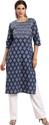 Janasya Women Printed Straight Kurta(Blue)