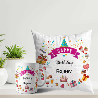 ARTBUG Happy Birthday Rajeev Coffee Cup and Cushion with Filler Combo Name - Rajeev Ceramic Coffee Mug(350 ml, Pack of 2)